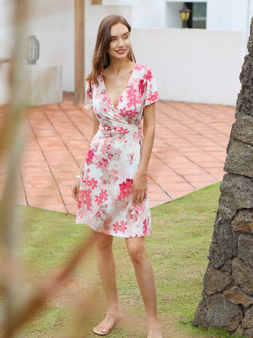 Moss Rose Pink Floral Wrap Mini Dress